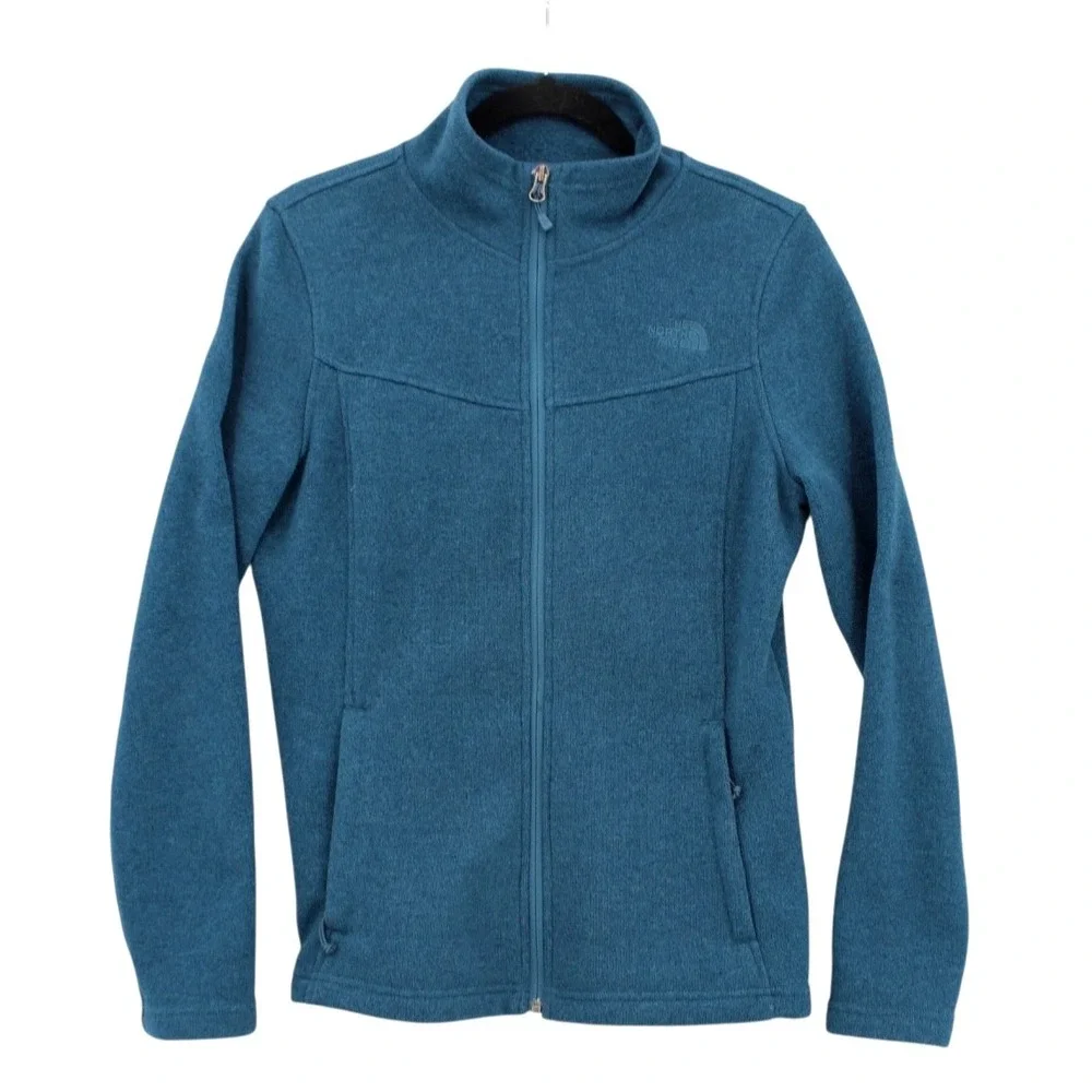 The North Face Knit Fleece Full Zip Jacket Womens Medium Teal Blue Logo NF0A2RFH